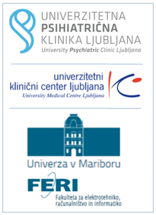 Logotipi Univerzitetne psihiatrične klinike Ljubljana, Univerzitetnega kliničnega centra Ljubljana ter Fakultete za elektrotehniko, računalništvo in informatiko Univerze v Mariboru.